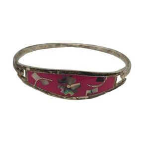 Mexico Mother of Pearl Abalone Red Enamel Silver Tone Hinged Hook Bracelet VTG